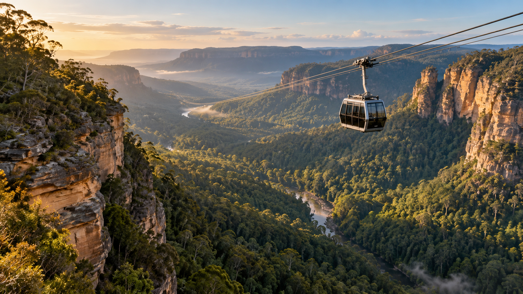 An aerial cableway car crossing a vast forested valley between sandstone cliffs